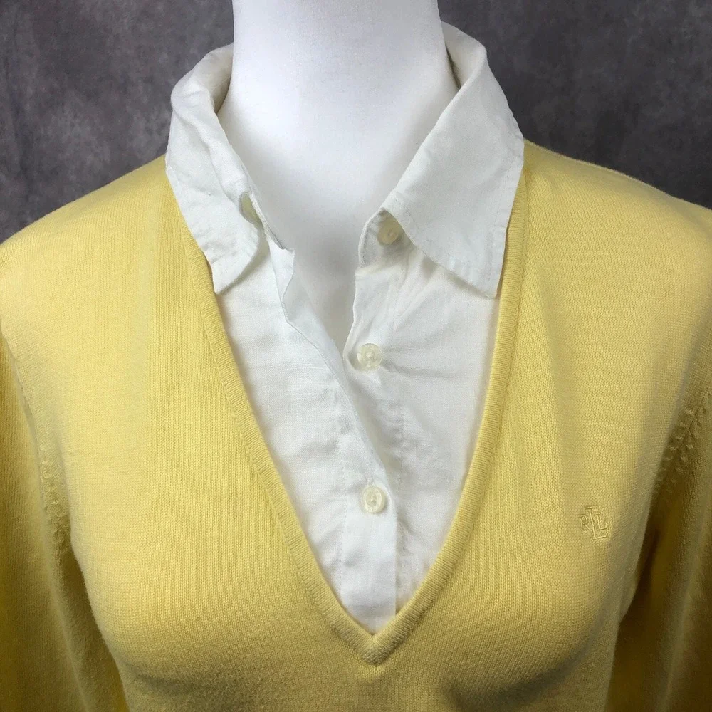 Lauren Ralph Lauren‎ Sweater Womens Large Cotton Linen Yellow White Pullover